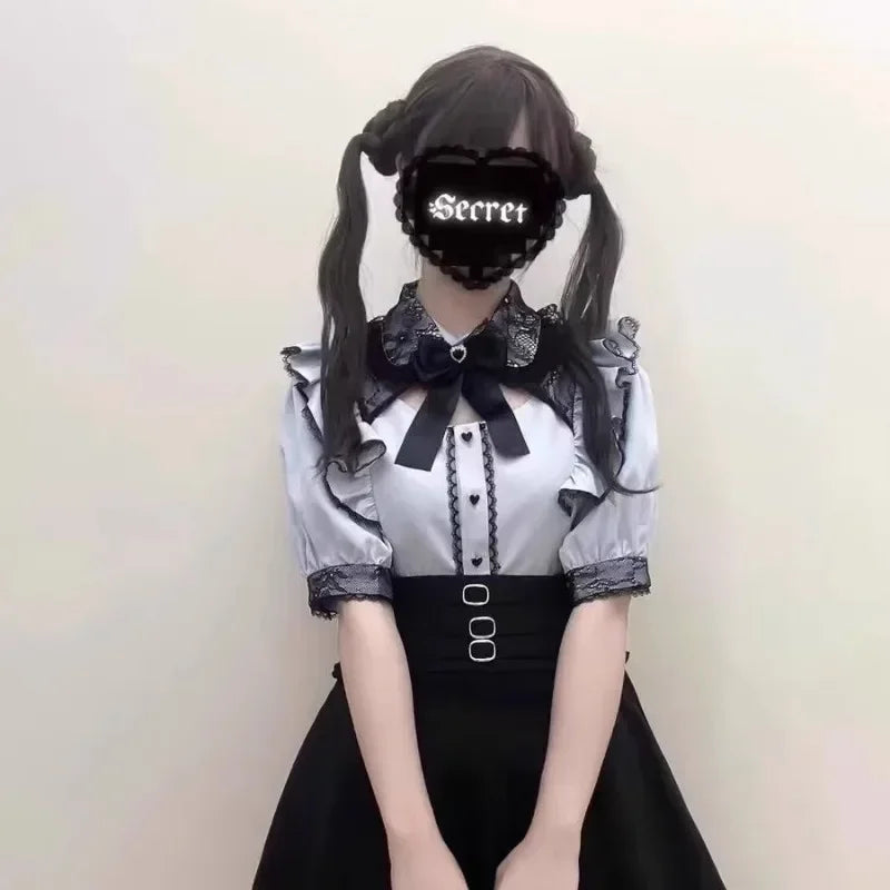 Jirai Kei Cosplay Costume Lolita Dress Blouse Y2K Kawaii Japanese Style Shirt Short Sleeve Pink Sweetheart Girl Halloween Party