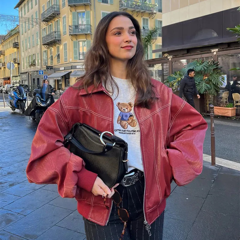 Women Stand Collar Leather Pilot Jacket Red Zipper Cropped Coat Fashion Casual Fashion Outerwear 2026 New Arrival Streetwear