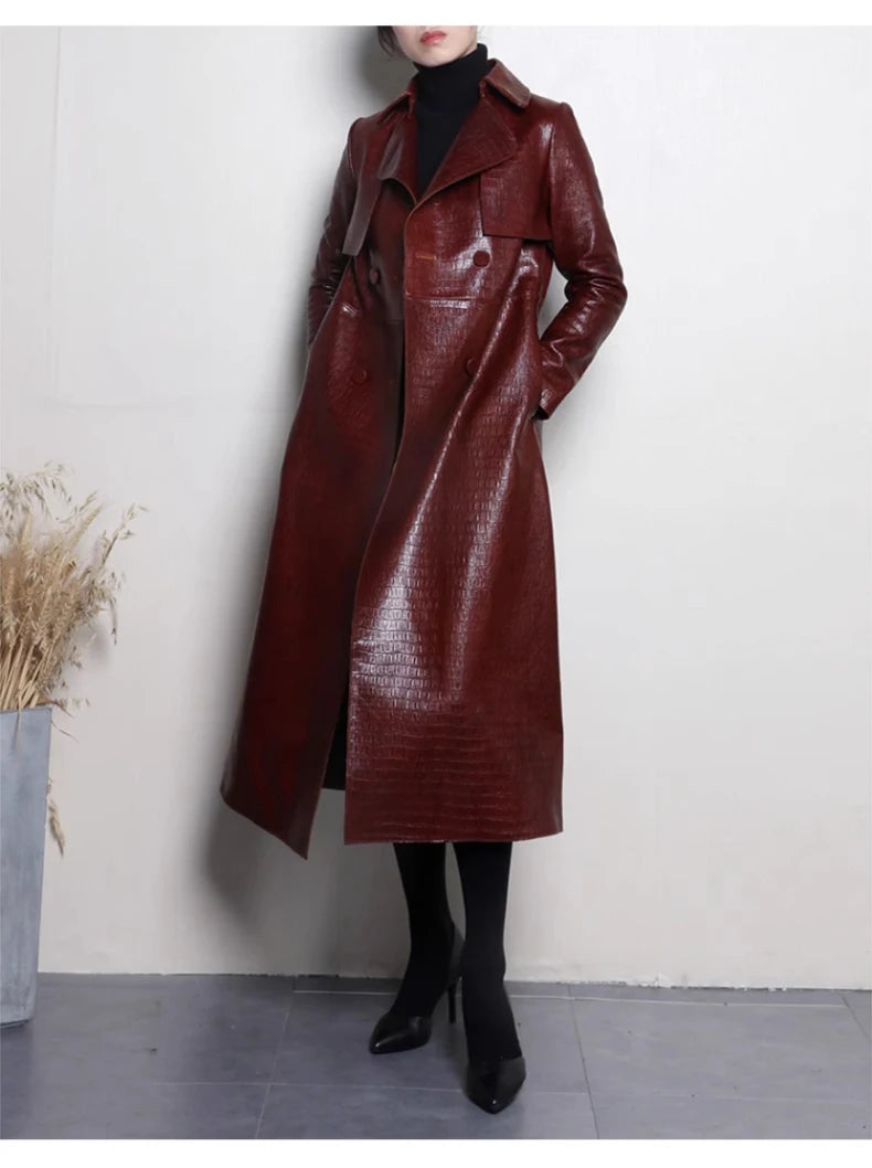 Lautaro Autumn Long Shiny Reflective Patent Faux Leather Trench Coat for Women Belt Double Breasted Luxury Designer Clothes 2023