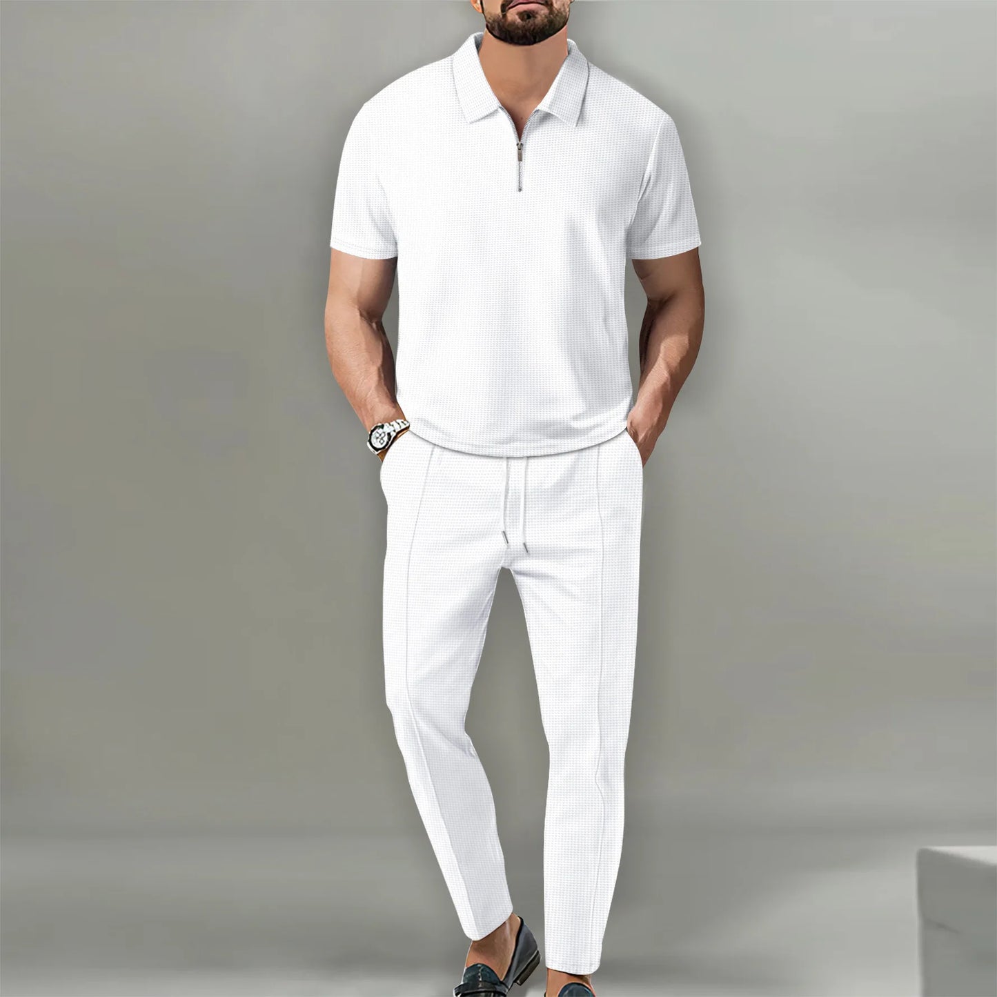 Summer Men Sports Polo Suit Short Sleeve Stylish Zipper Polo Shirt And Shorts Set Men Casual Streetwear 2-pie Leisure Sports Set