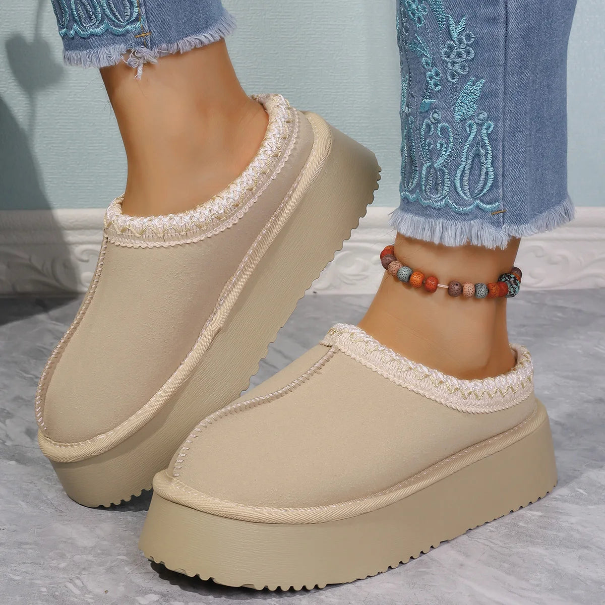 Snow Boots Women 2026 Winter New Short Cashmere Warm Thick-soled Shoes Without Heels Wool Half Slippers Women's Cotton Shoes