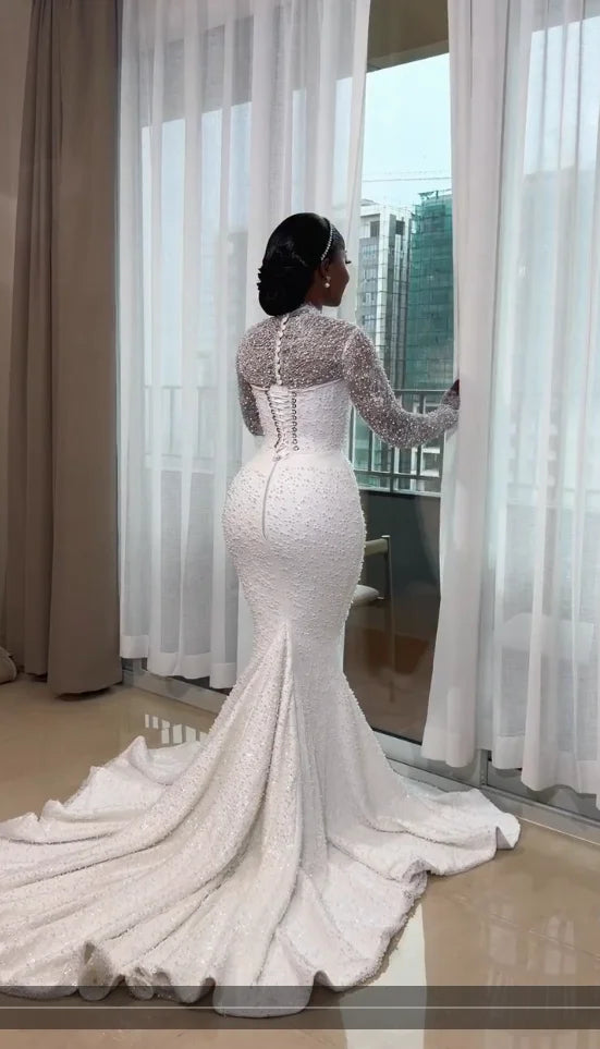 Elegant High Collar Long Sleeve Mermaid Wedding Dress Sparkling Water Diamond Phantom Hollow Bride Dress Customized