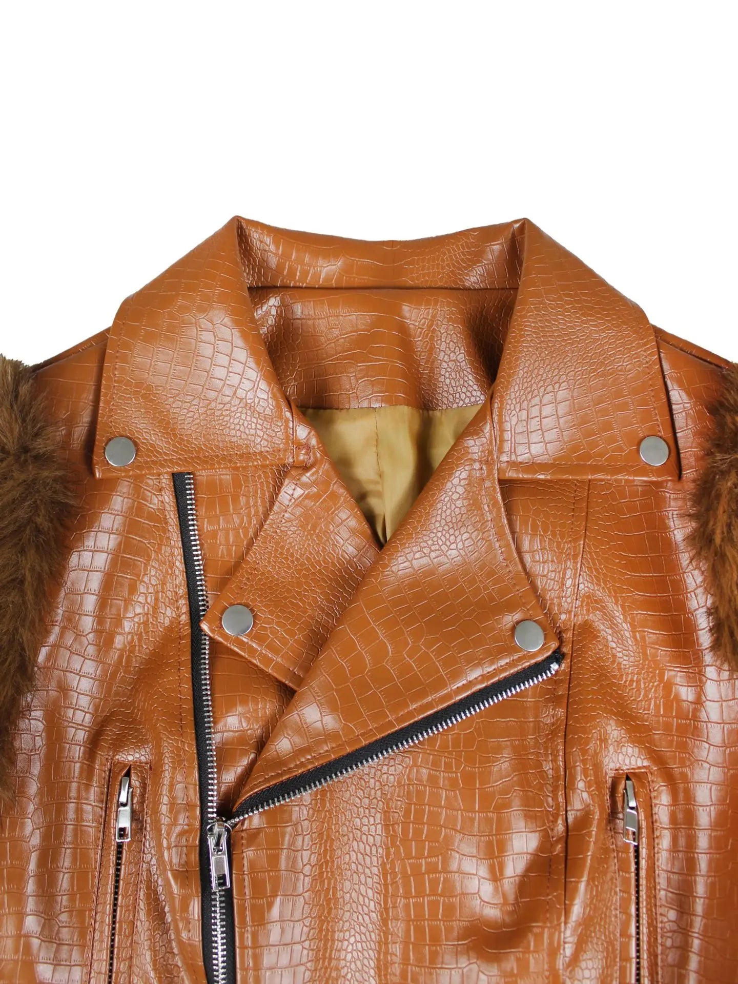 Leosoxs Winter New Sexy Fur Leather Patchwork Jacket for Woman Motorcycle Lapel Zipper Crop Coat  Female Streetwear Clothing