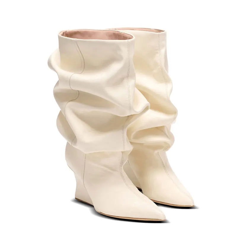 Women's Fashion Pointed Thick Soled Pleated Short Boots, Autumn and Winter Thick Heeled Long Boots, Sexy Runway Women's Boots
