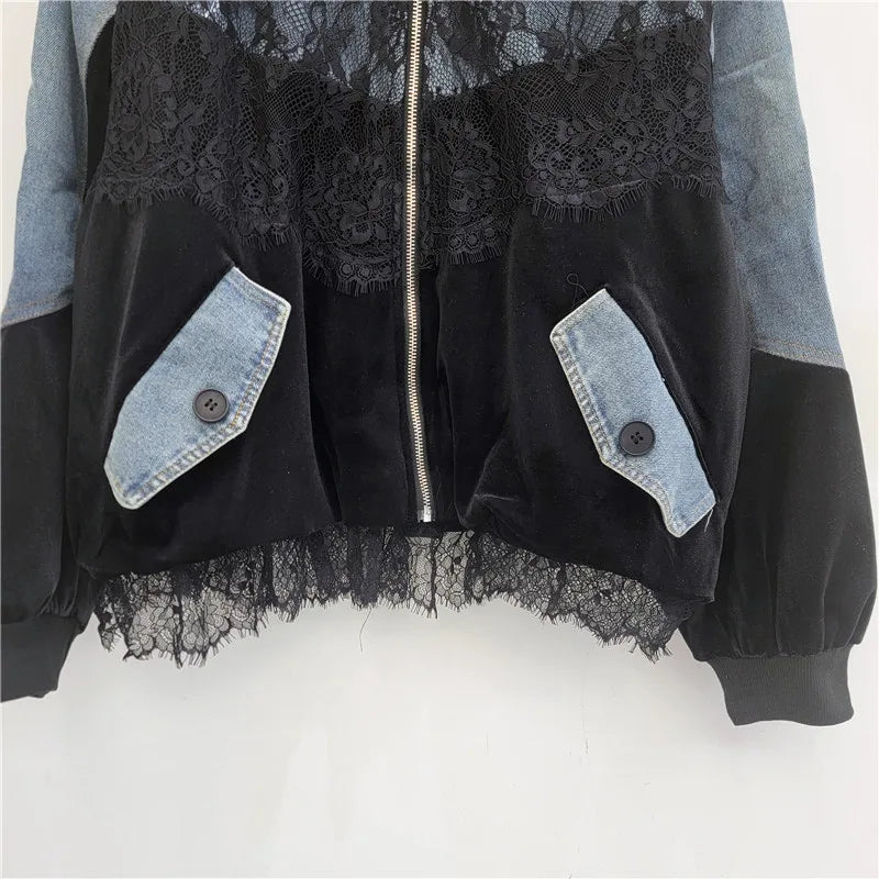 Spring New Fashion Stitched Lace Loose Velvet Denim Jacket Trendy Personality Street Casual Versatile Baseball Jackets Women