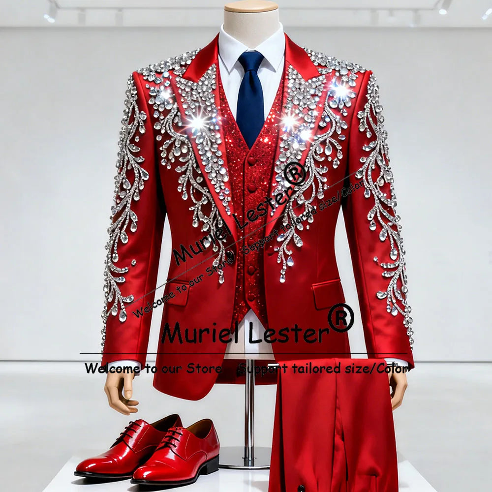 Glittering Diamond Beaded Suits Men 3 Piece Sets Single Breasted Prom Blazers Customized Groom Wedding Tuxedo trajes para hombre