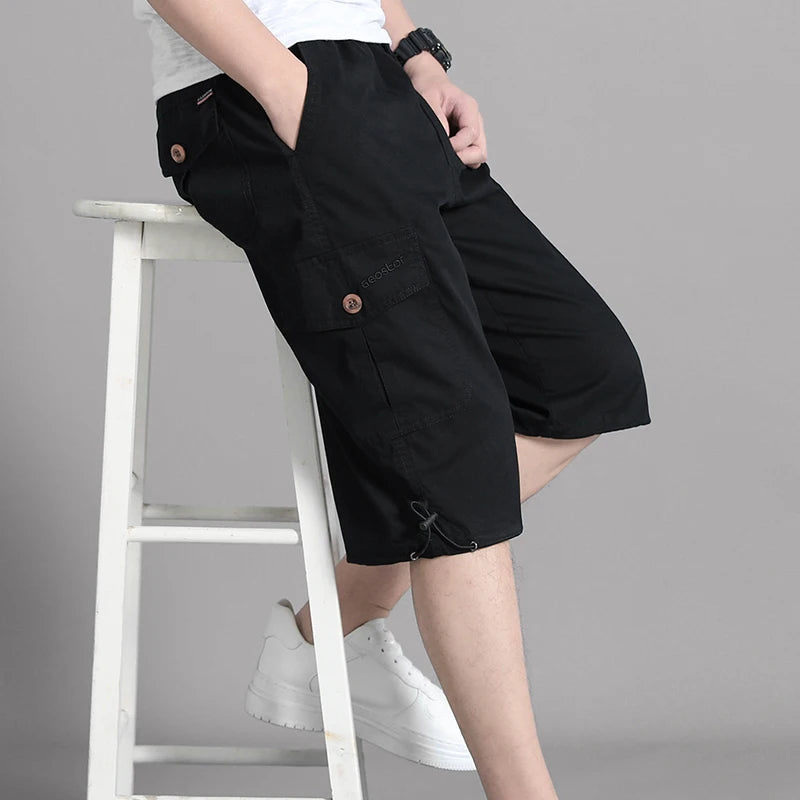Zipper Pocket Workwear Shorts Mens Knee Cargo Pants 2026 Summer Cotton Shorts Men Climbing Jogger Elastic Waist Sports Work Wear
