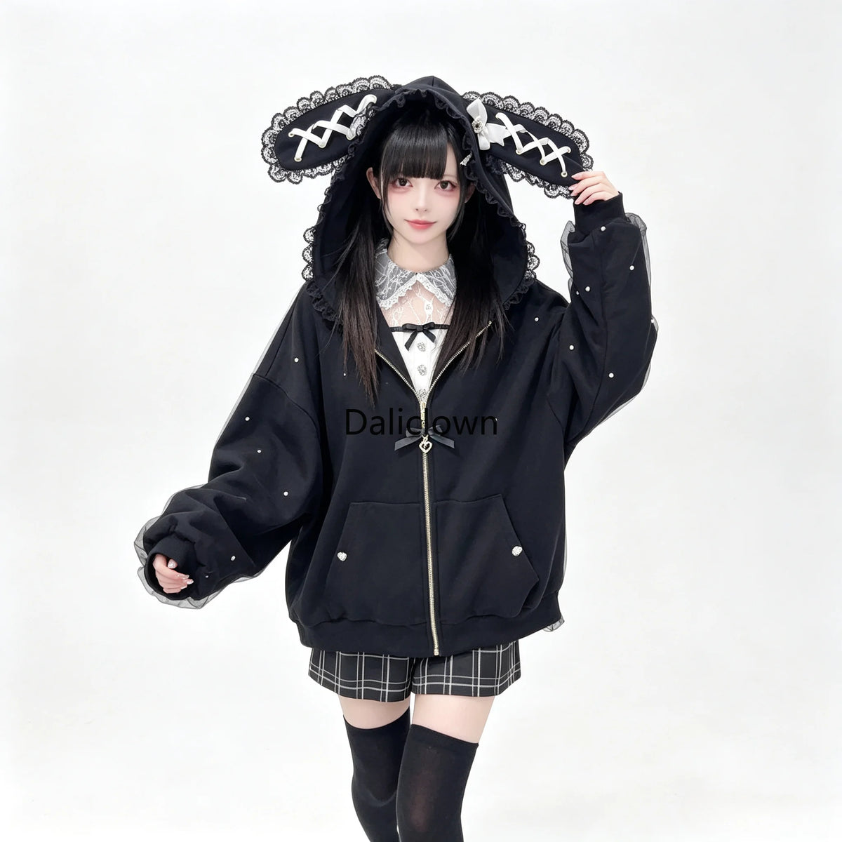 Vintage Japanese Subculture Jirai Kei Jacket Women Y2K Coat Lace Rabbit Ears Hoodie Gothic Sweatshirt Harajuku Halloween Cosplay