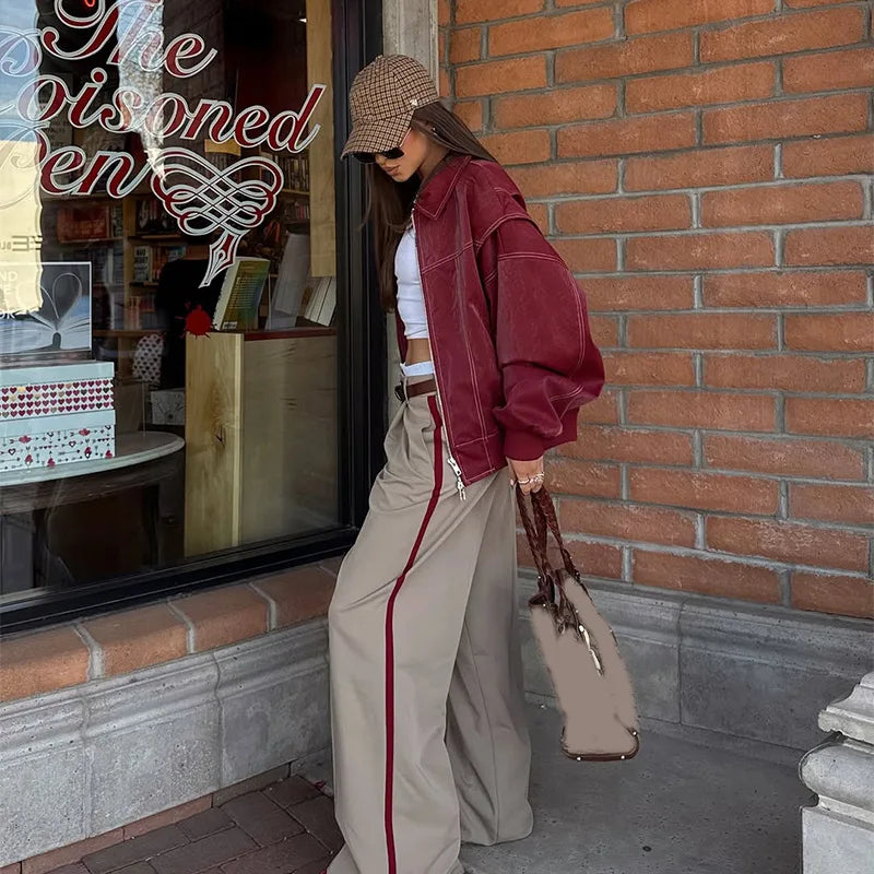 Women Stand Collar Leather Pilot Jacket Red Zipper Cropped Coat Fashion Casual Fashion Outerwear 2026 New Arrival Streetwear