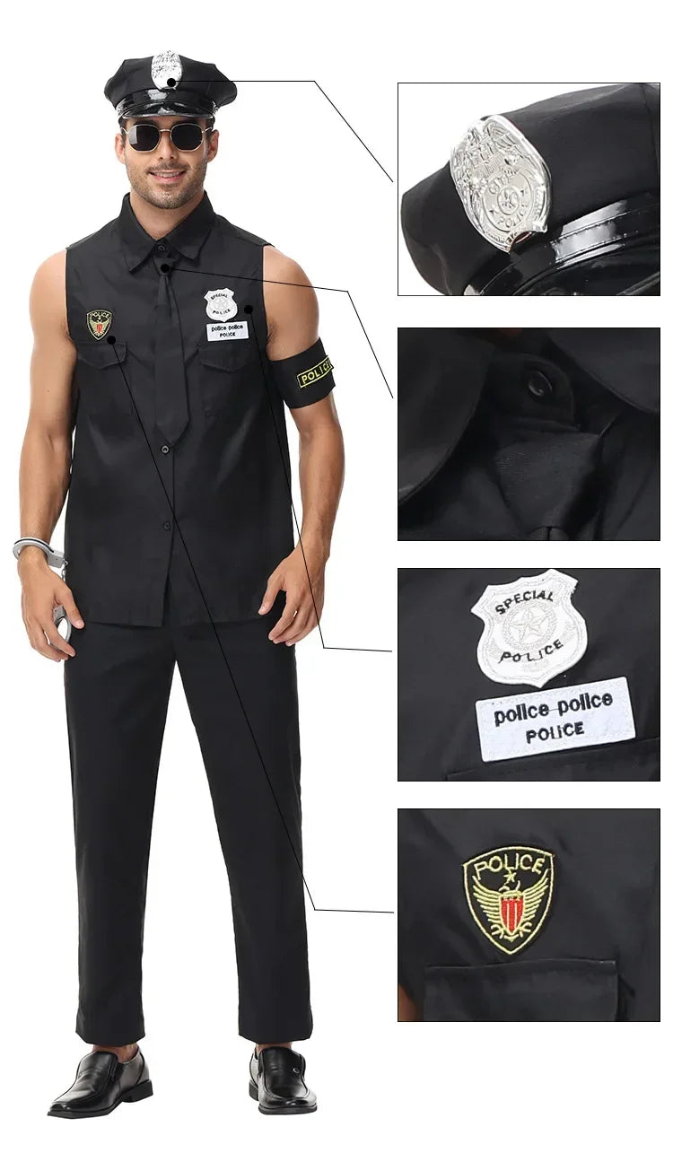 Adult Man America U.S. Police Costume Top Shirt Men Cop Cosplay Halloween Clothing Set