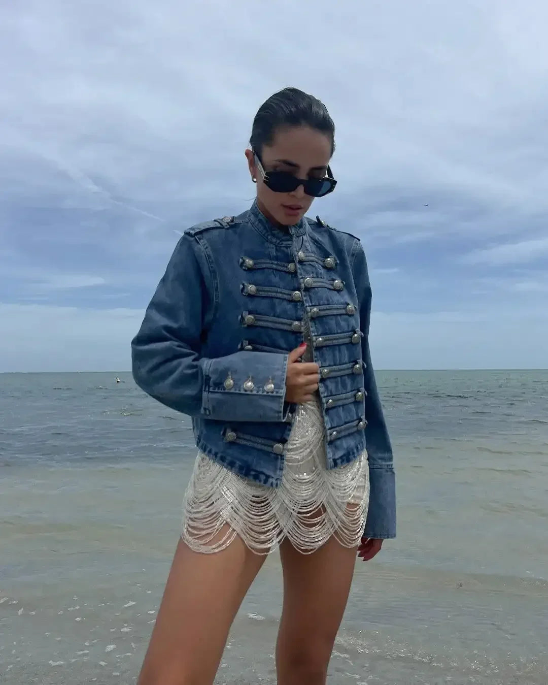 Vintage Denim Military Jacket Women Retro Solid Round Neck Single Breasted Slim Short Jackets 2026 Lady Daily Street Outerwears