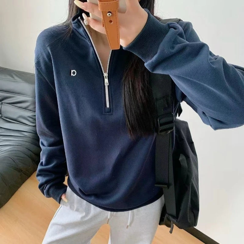 Korean Cotton Loose Fit Sports Pullover Fashion Stand Collar Half-zip Sweatshirt Classic Versatile Autumn Long Sleeves Hoodies