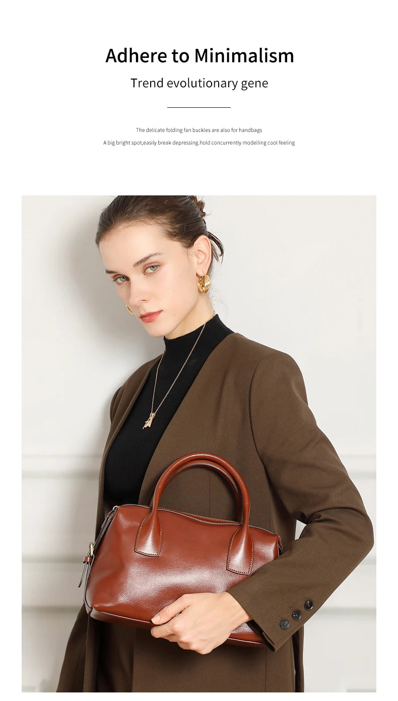 BURMINSA Genuine Cowhide Leather Handbags For Women Retro Pillow Top Handle Bags Bowling Daily Work Crossbody Shoulder Purses