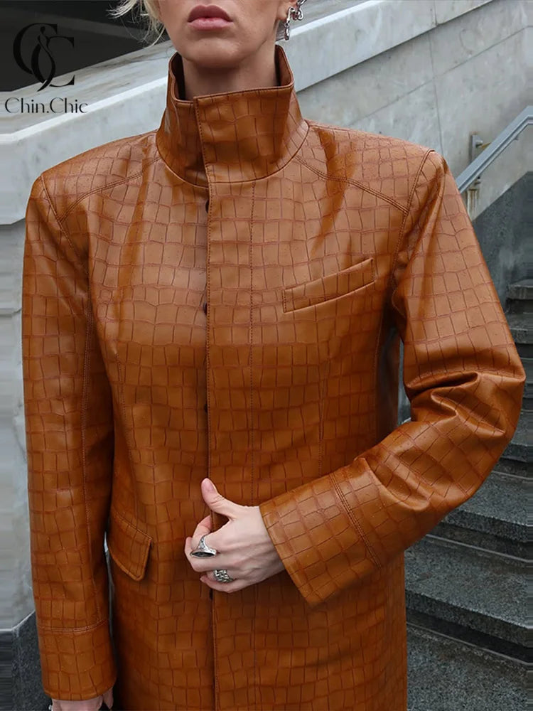 Crocodile Print Faux Leather Long Women 's Winter Coats Stand Collar Single‑Breasted PU Leather Maxi Coat Streetwear Fall Winter