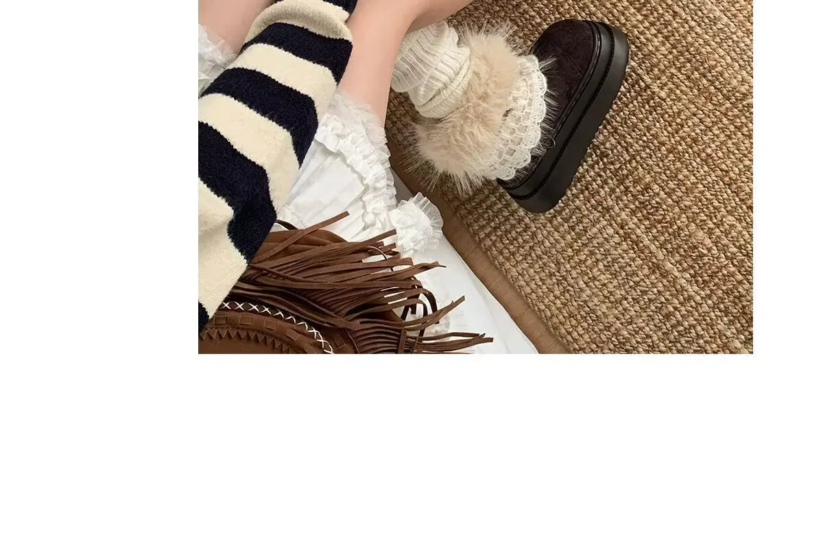 Korean Style Lace Snow Boots 2025 Winter Plush Warm Short Boots Girls Sweet Thick Bottom Casual Boots Students Cotton Shoes
