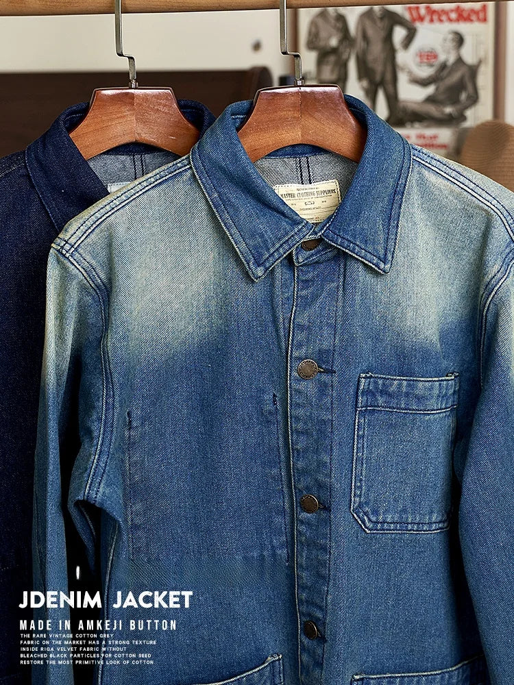 American Retro Thickened Heavyweight Men's Denim Jacket Casual Autumn Winter Workwear Outerwear Standard Fit Multi-Pocket Washed