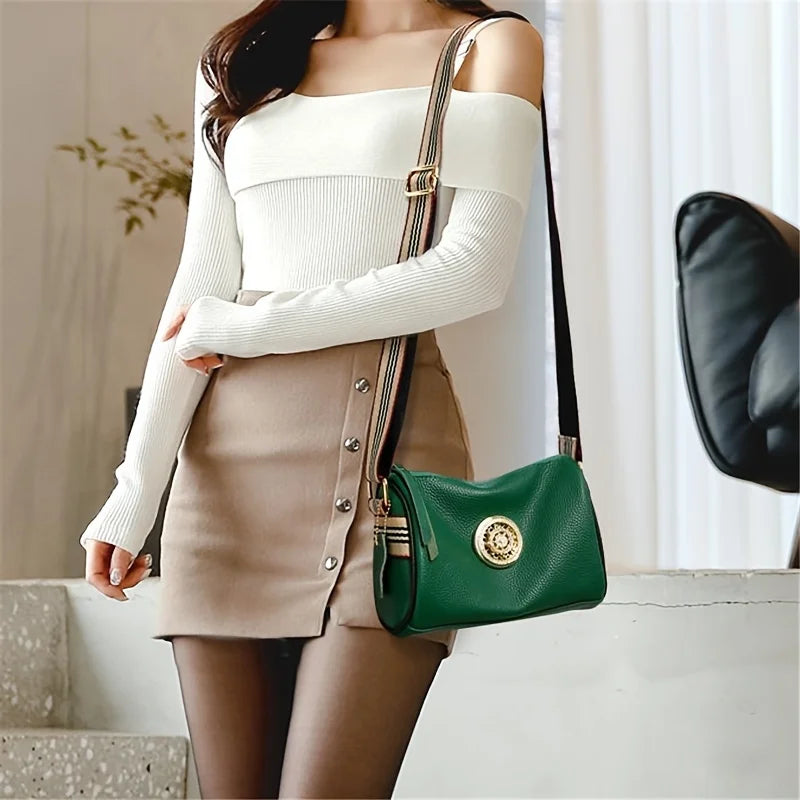 Genuine Leather Crossbody Bag, Stylish Black, Camel, Green Women's Trendy Handbag Single Shoulder Bag with Adjustable Strap