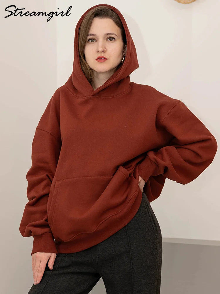 Winter Warm Hoodies Oversized For Women With Fleece Inside Yellow Thick Sweatshirts With Hooded Women Pink Hoodies Velvet Winter