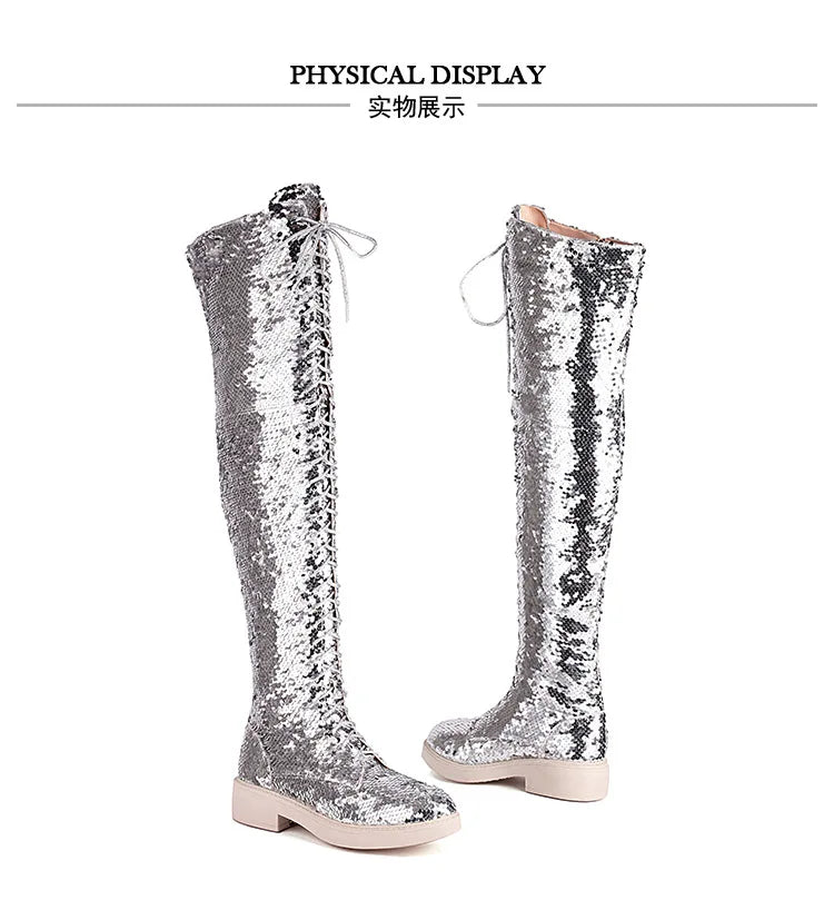 Lowheel Boots For Women Autumn Winter Thick Heels Over-knee-high Boots Shiny Sequined Club Dance Shoes Lace Up Thigh High Boots