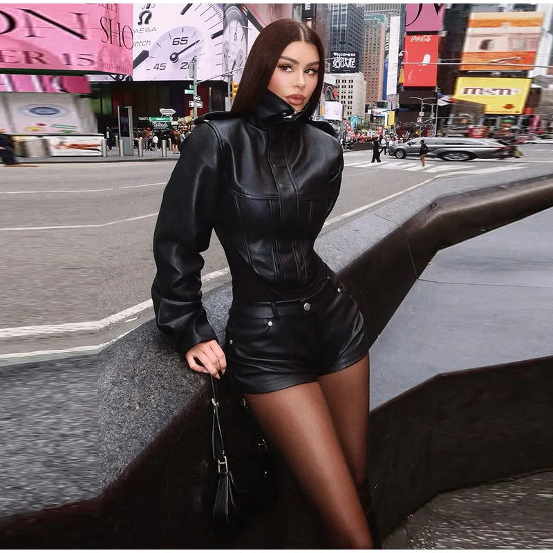 Street Women's Cropped Leather Jacket Slim Stand Collar Long Sleeve Zipper Irregular Hem Coat 2026 Autumn Lady Chic Otwear