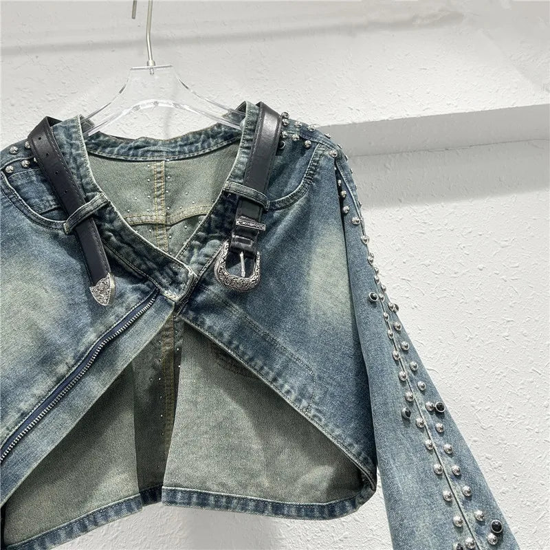 Women Denim Jacket Rivet Short Coat Sashes Pockets Jackets Distressed Streetwear Female Spring 2026 Washed Vintage Outerwear