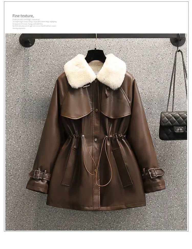 2026 Winter Age Reduction with Thick Velvet Loose Stand up Collar Motorcycle Wear PU Leather Jacket Long Sleeve Coat for Women