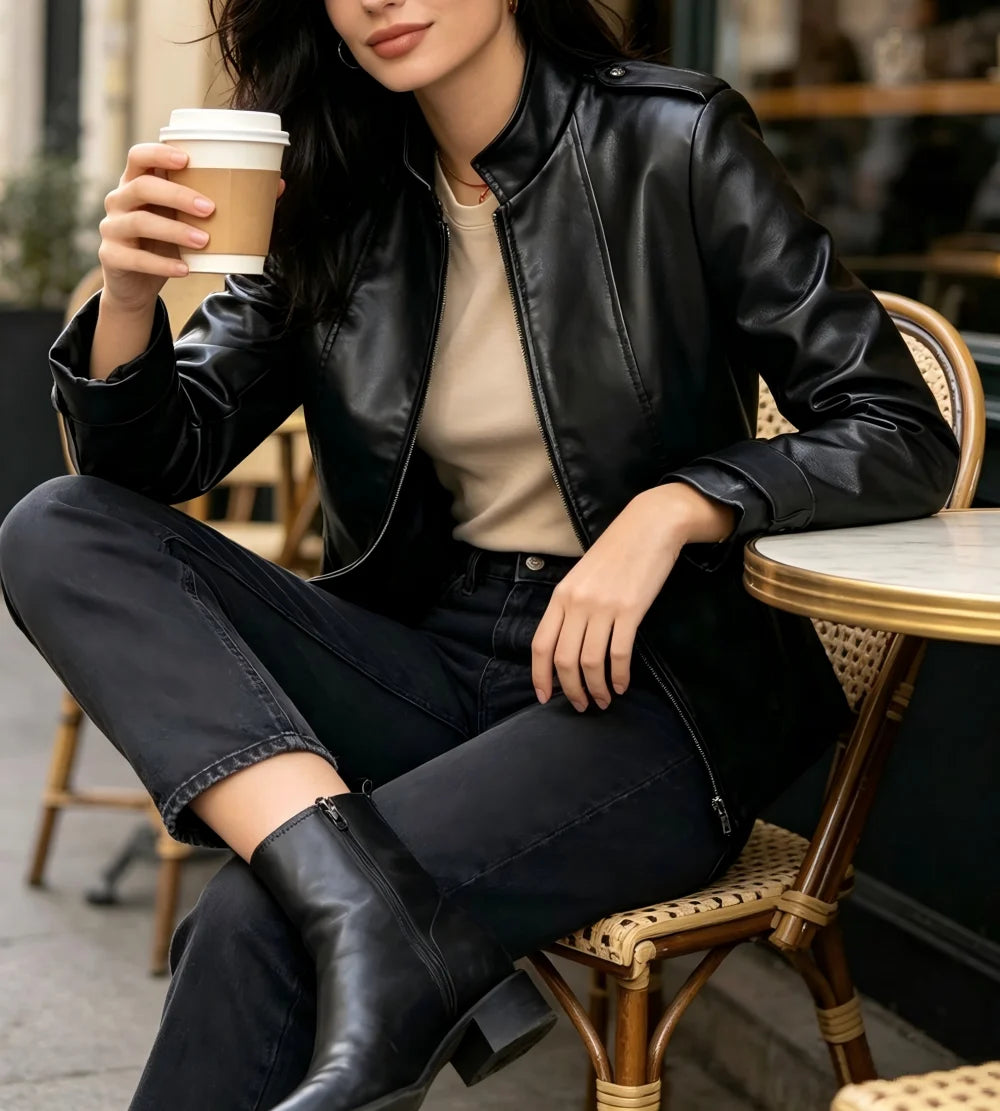 Women Stand Collar Long Sleeve Pu Leather , Vintage Distressed Gothic Fashion Outerwear For European American Style