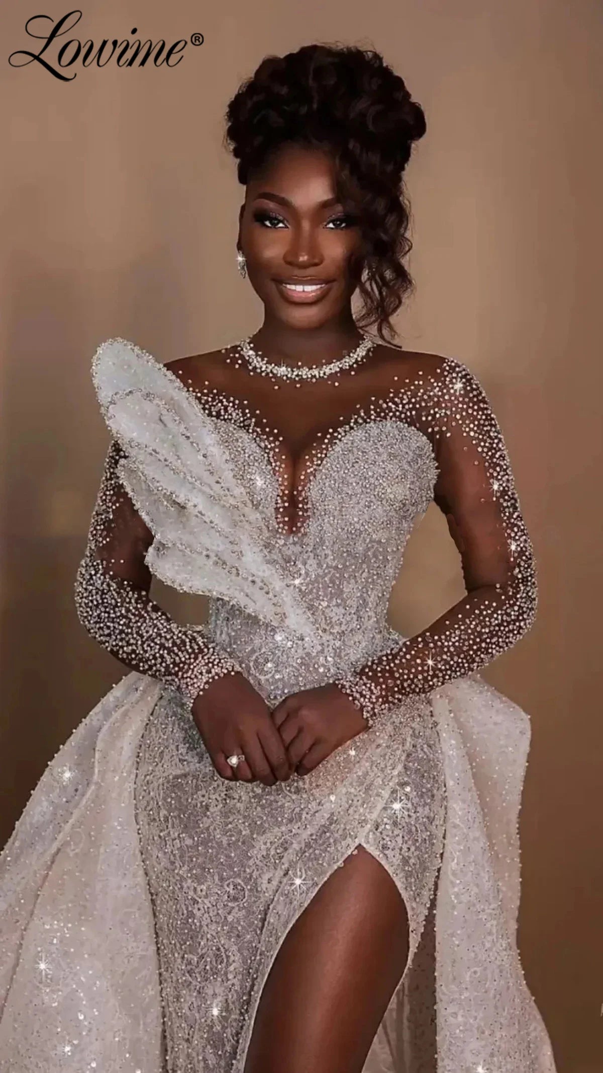 African Wedding Dresses Long Sleeves Sheer Net Mermaid Bridal Gowns 2024 Customized Plus Size Bride Dress With Detachable Train