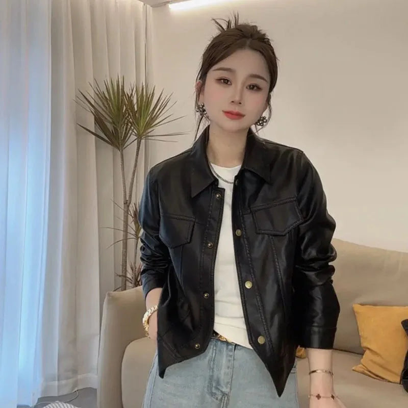 Women Autumn Winter Casual Faux Leather Biker Jacket Lapel Collar Loose Short Pu Coat Versatile Outerwear