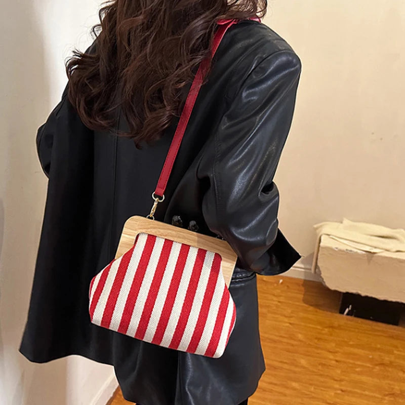 New Black Stripe Canvas Wooden Clip Bag Women Bag Fashion Shoulder Bag Crossbody Bag