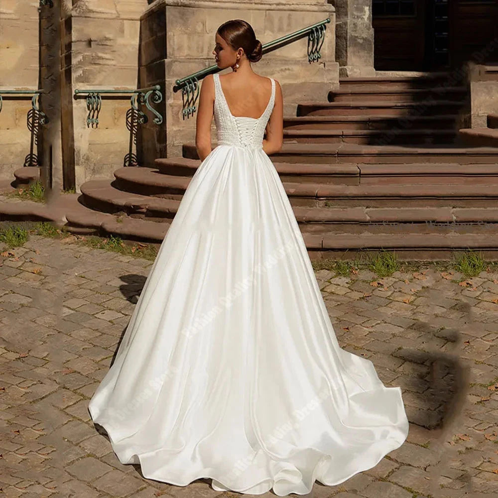 Elegant Deep-V Neck Sleevelss Women Wedding Dresses Sexy Tulle A-Line Bridal Gowns Ball Mopping Length Vestidos De Novias 2024