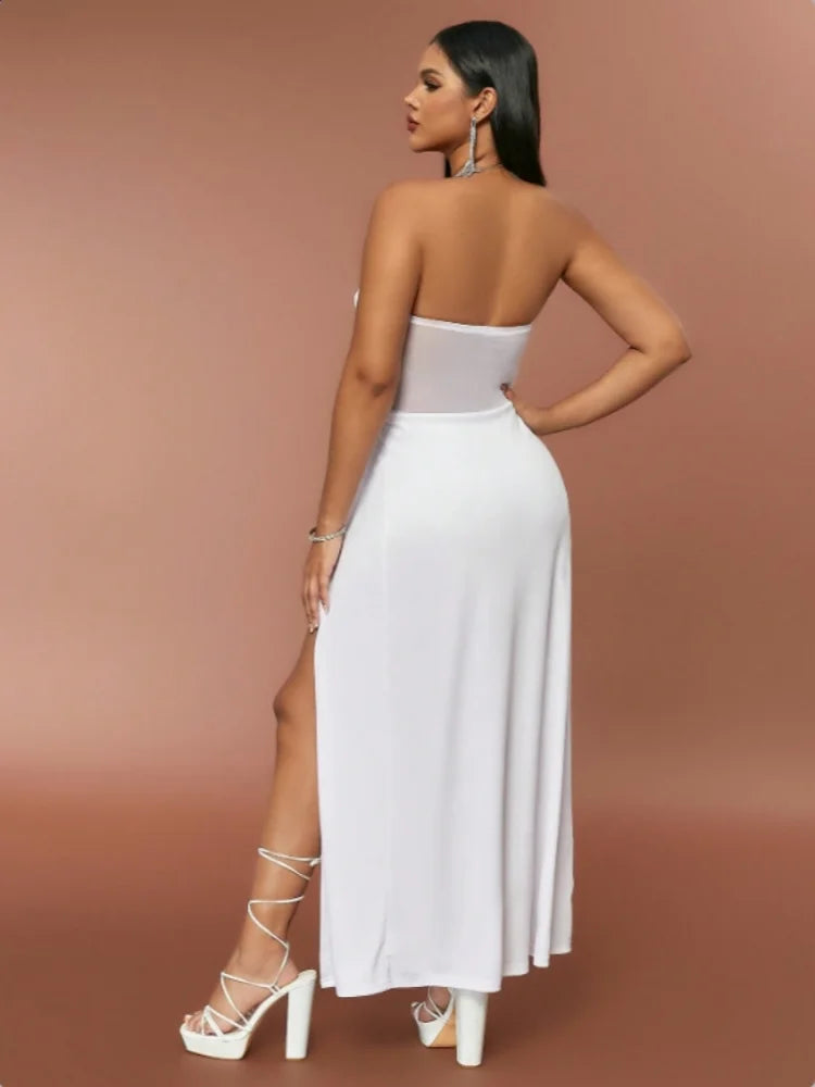 D&M Summer Luxury sexy Off Shoulder Irregular Swinging Collar Split evening gown vestidos Sleeveless Dresses Woman Clothing