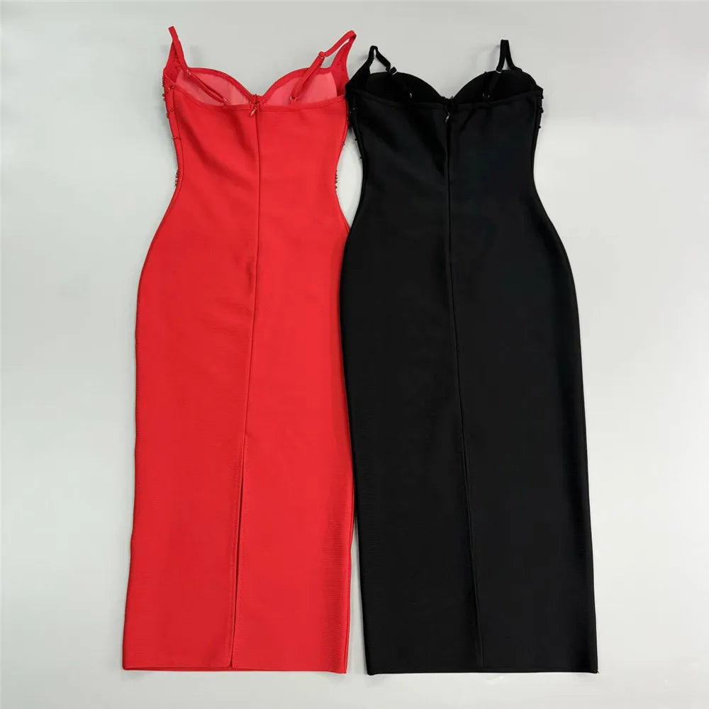 Women Sexy Beading Spaghetti Strap Bandage Dress Bodycon Clothes Club Party Celebrity Elegant Dresses