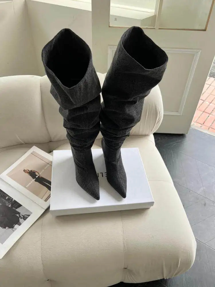 ZAROY Hot Girl Knight Long Boots Winter Stretch Denim Knee-high Boots Cozy Slip On Point Toe Wedge High Heels Sexy Long Booties