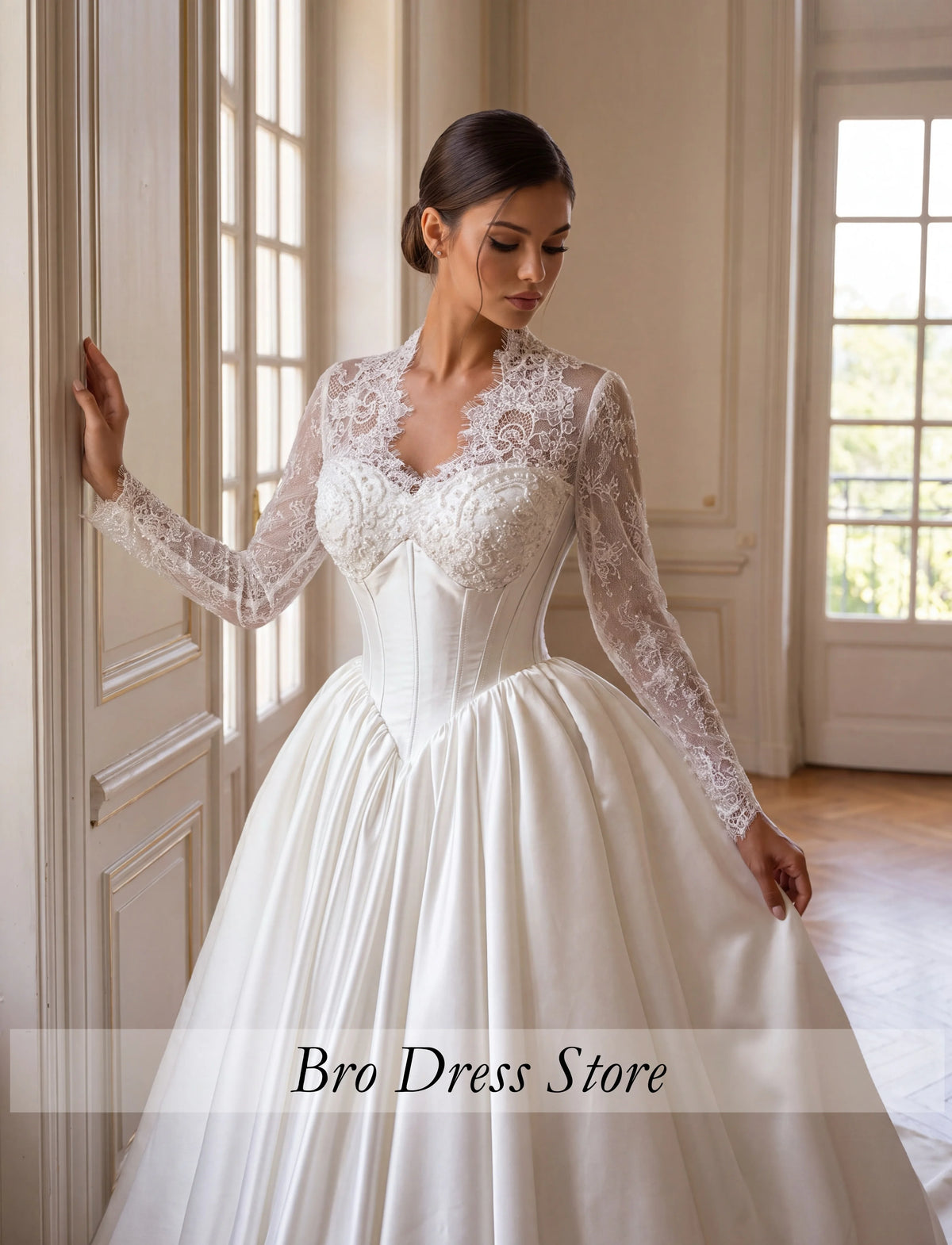 Customized Royal Princess Wedding Dress Satin Ball Gown Lace Long Sleeves Corset V Neck Luxury Bridal Gown Vestido de Novia