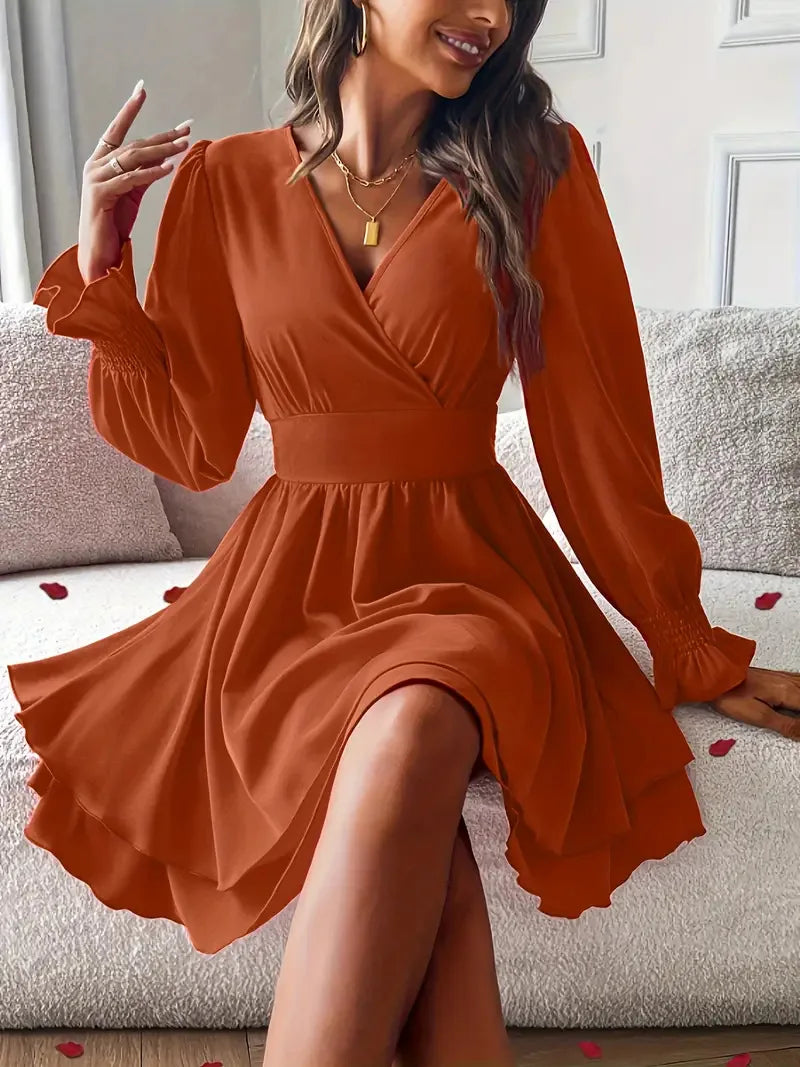 Dresses 2025 Woman Clothing V Neck Lantern Sleeve Wrap Mini Dress Ruched High Waist Elegant For Autumn Party Dress Vestidos