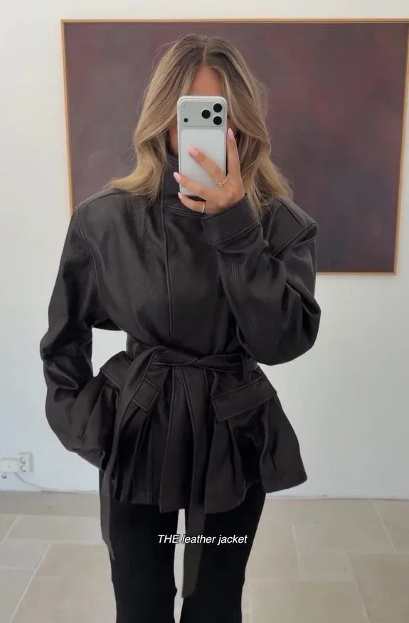 Women's Black Belted Faux Leather Jacket High Neck Long Sleeve Waist Belt Autumn Winter Peplum Jackets 2026 Street Outerwear