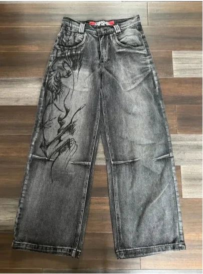 New Jeans Female Y2K American Harajuku Retro Washed Loose Jeans Street Fashion Casual Gothic High Waist Pants For Men and Women