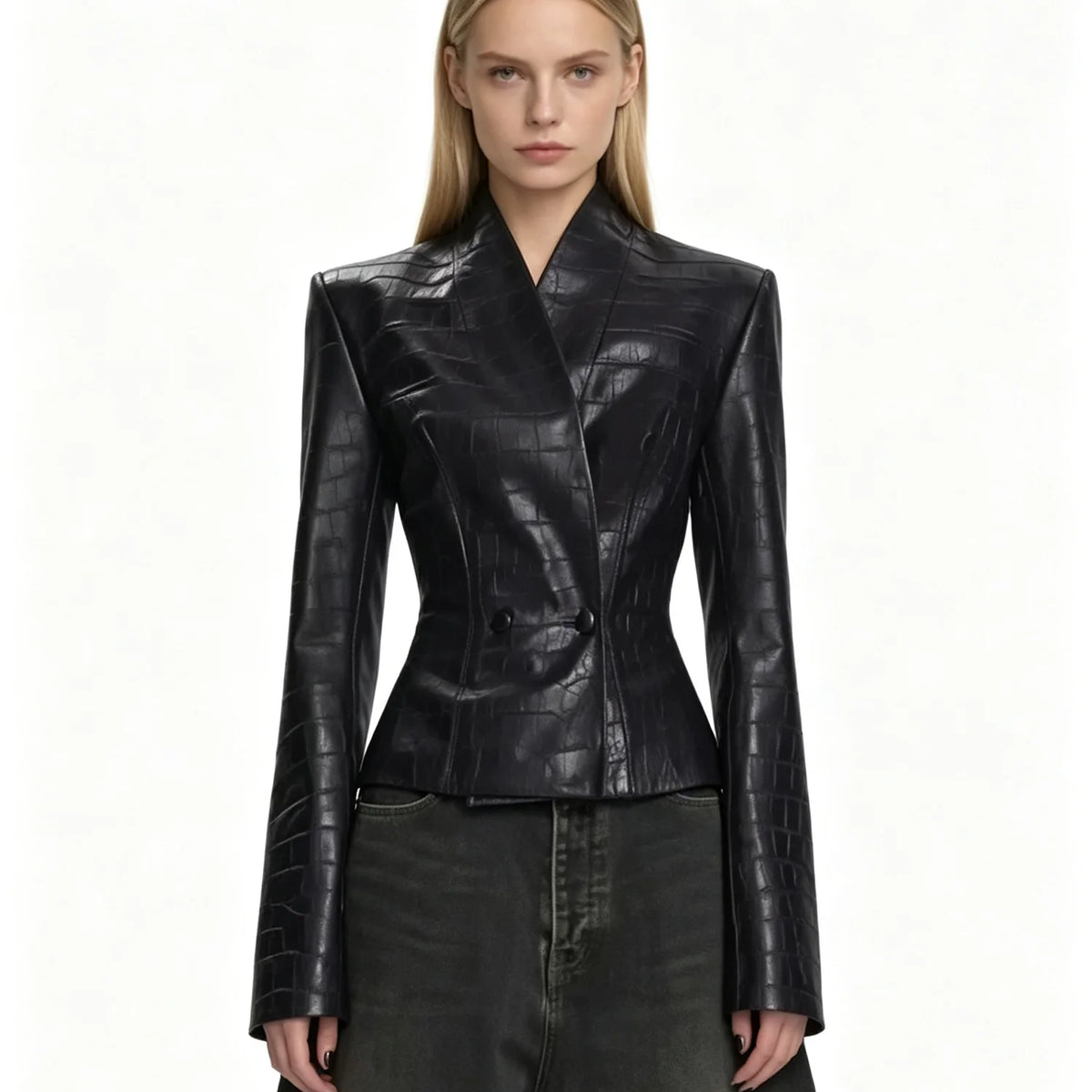 Women 2026 Croc Embossed Faux Leather Jacket V‑Neck Double‑Breasted Slim Fit Long Sleeve Chic Short Outerwear Coat