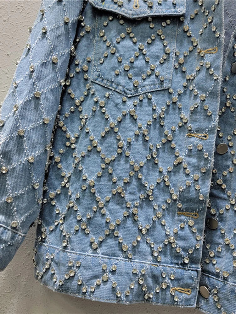 DEAT Women's Denim Coat Blue Long Sleeve Full Diamonds Distressed Jacquard Plaid Jackets 2026 Summer Summer New Fashion 29L7709