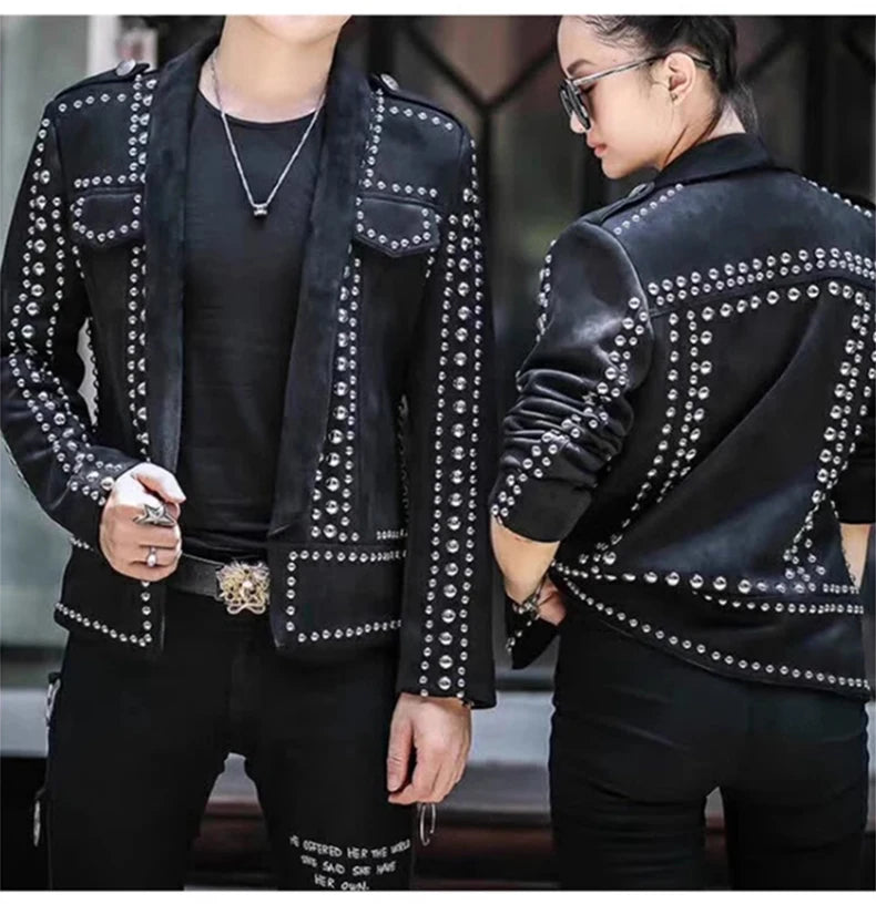 Mauroicardi Spring Autumn Cool Studded Short Black Faux Suede Leather Jacket Men Luxury Designer Emo Night Club Wear Clothes