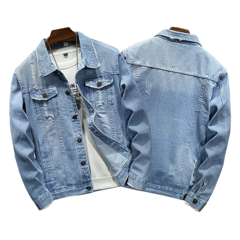 QICHE New Spring Autumn Men Light Blue Slim Denim Jacket Distressed Ripped Casual Outerwear