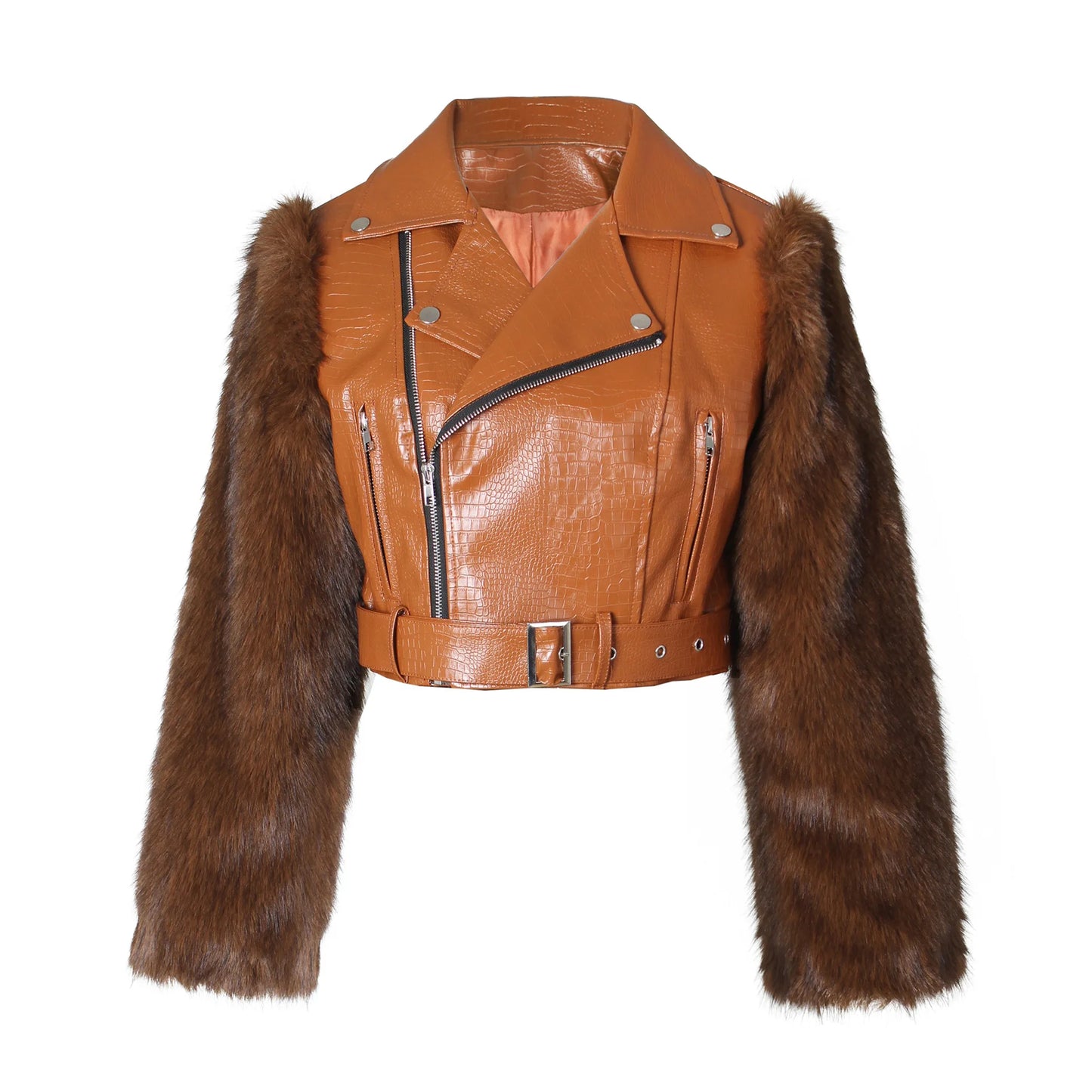 Leosoxs Winter New Sexy Fur Leather Patchwork Jacket for Woman Motorcycle Lapel Zipper Crop Coat  Female Streetwear Clothing