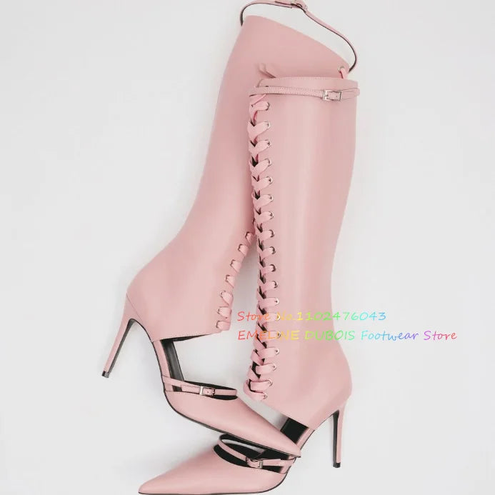 White Pointed Toe Lace Up Knee High Boot Women Summer New Sexy Hollow Buckle Strap Stiletto Heel Front Cross Tied Sandals