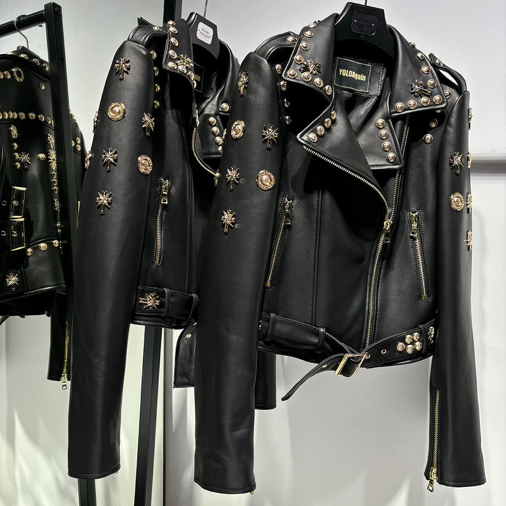 Women Stylish Gold Rivet Real Leather Jacket High Glossy Genuine Leather Asymmetrical Zip Biker Jacket
