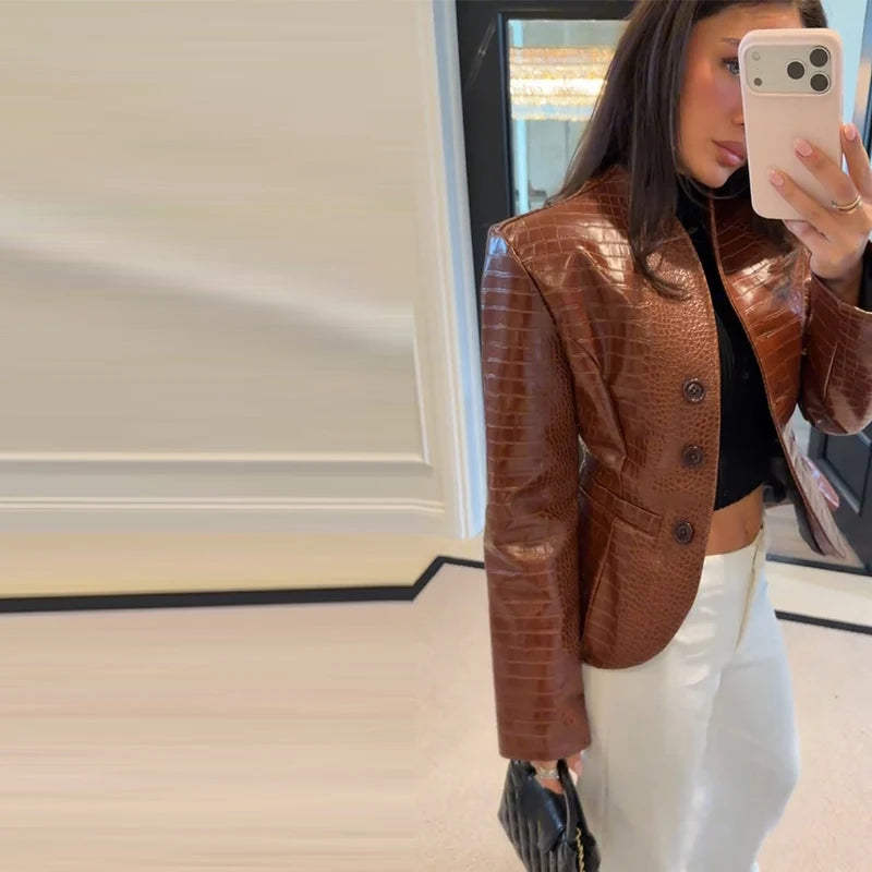 Street Fitted Leather Jackets Women Shoulder Pad Single Breasted Long Sleeves Pu Coats Female 2026 Autumn New Chic Outwears Lady