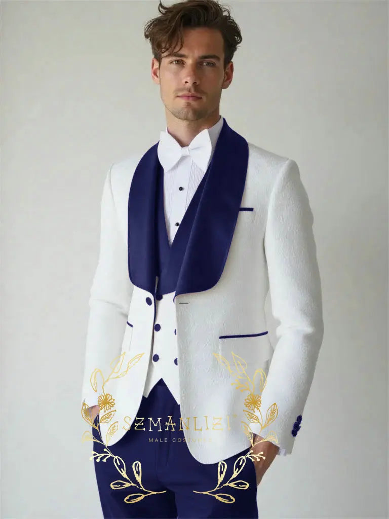 White Floral Wedding Men's 3-piece Suit Set (Jacket Pants Vest) Groom Tuxedo Formal Blazer Elegant Groomsmen Suit for Men