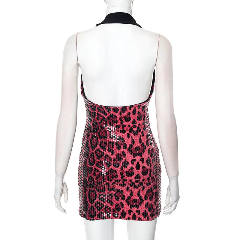 Sexy Dress Dresses 2025 Woman Vestidos Animal Print Backless Halter Neck Package Hip Sleeveless Wild Hot Girl Style Street Wind