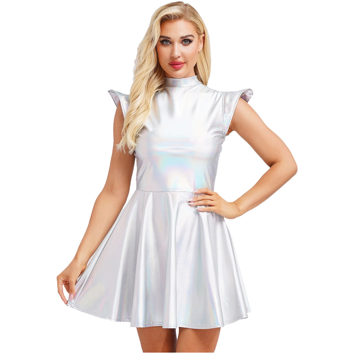Womens Astronaut Alien Outer Space Alien Robot Cosplay Dress Halloween Cutie Costume Sequin Metallic Shiny A-line Mini Dresses