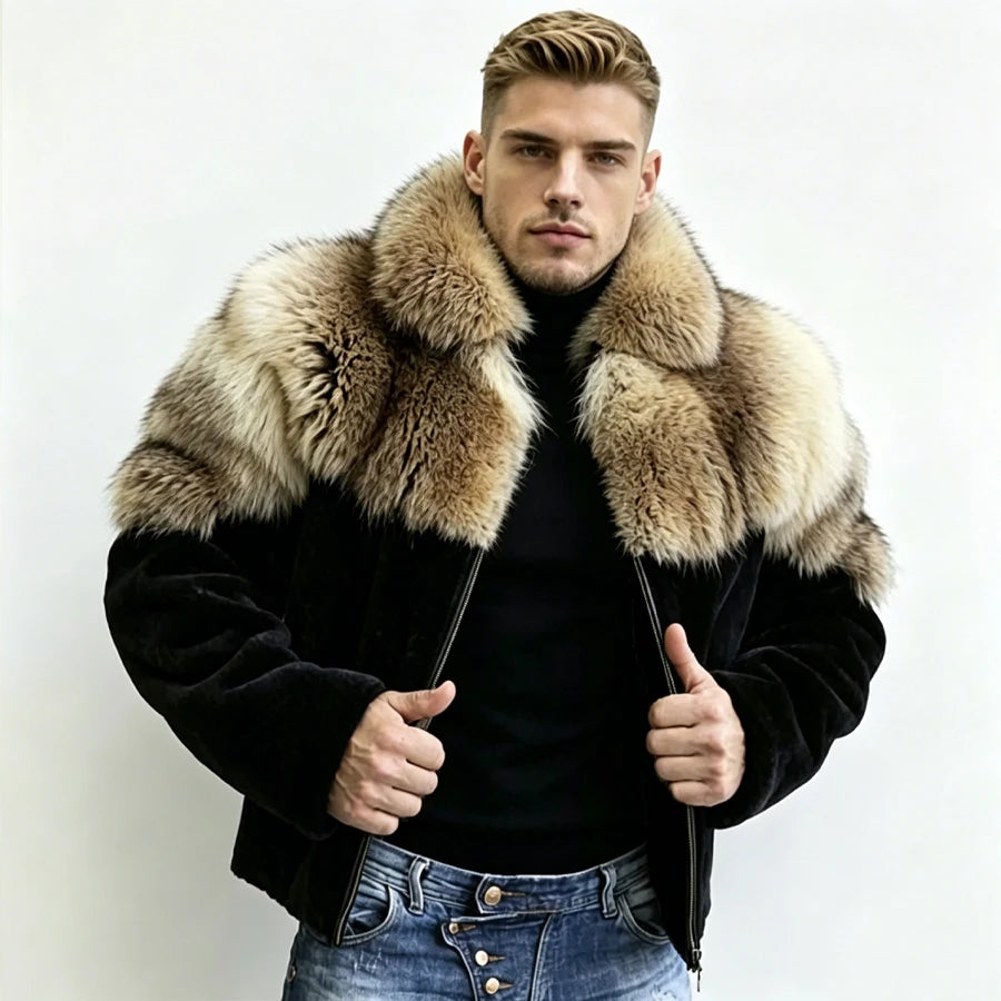 Men's Coyote Fur Jacket With Black Rabbit Fur Natural Wolf Fur Zippered Jacket Cropped Rabbit Fur Jacket New Real Fur Coat